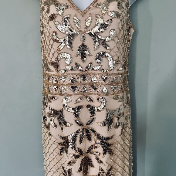 Unique Retro Flapper Dress L Sequin Beaded Showgirl Fringe 20s Gatsby Burlesque - Picture 6 of 12